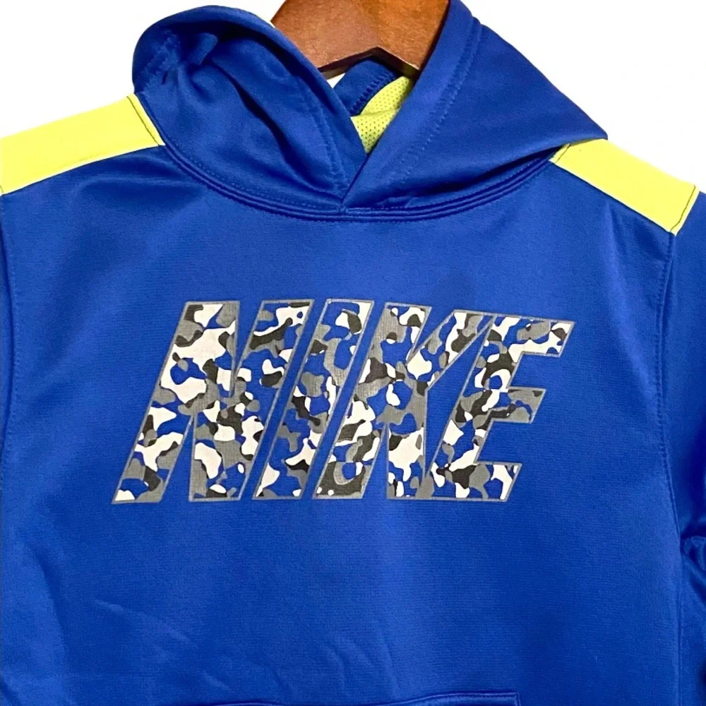 Nike Camo Graphic SpellOut Therma-Fit Blue Pullover Hoodie Athletic Sweatshirt S